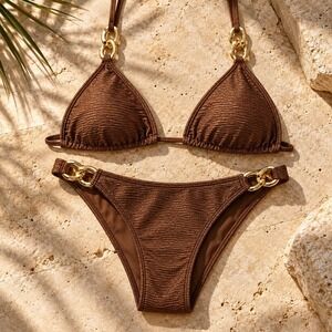 SAME Los Angeles Gold Chain Link Textured Bikini Set Womens M Bronze Brown